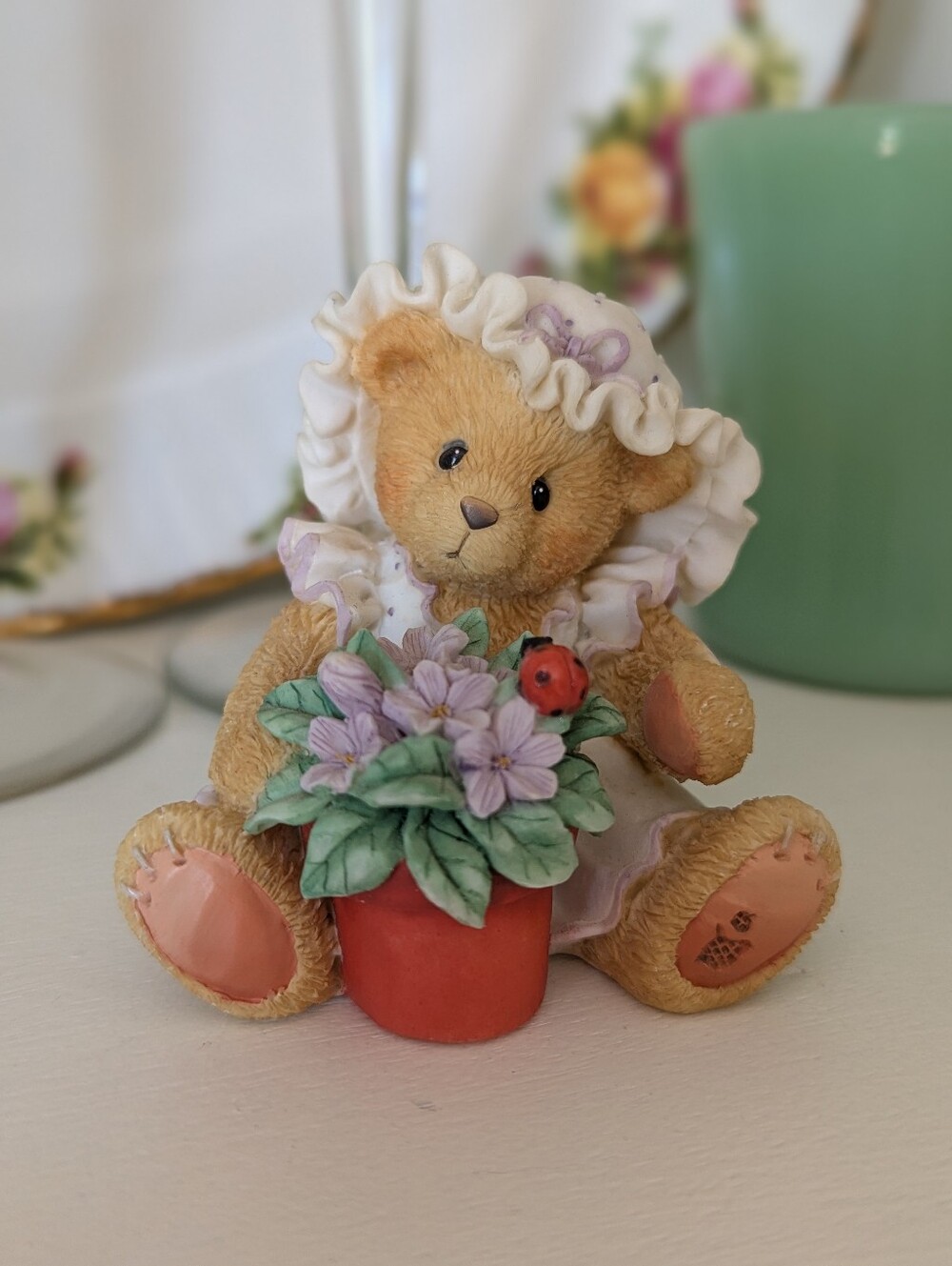 🧸🪻🐞VTG Violet Spring Teddy Bear Figurine 95' Cottagecore Garden Ladybug